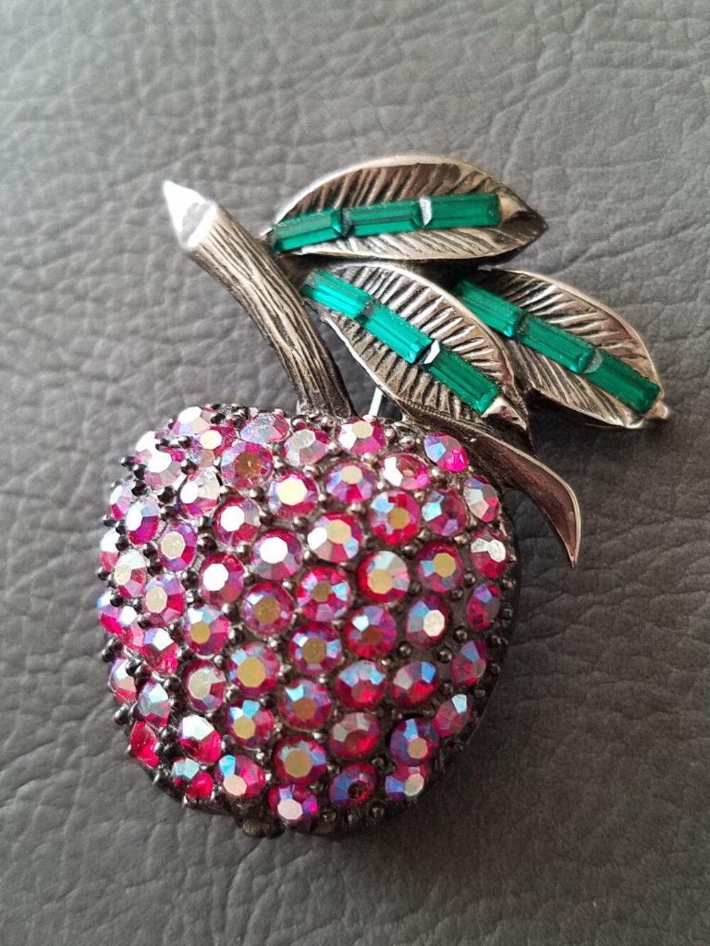 Vintage Pell Pink Aurora Borealis Rhinestone Cherry Brooch